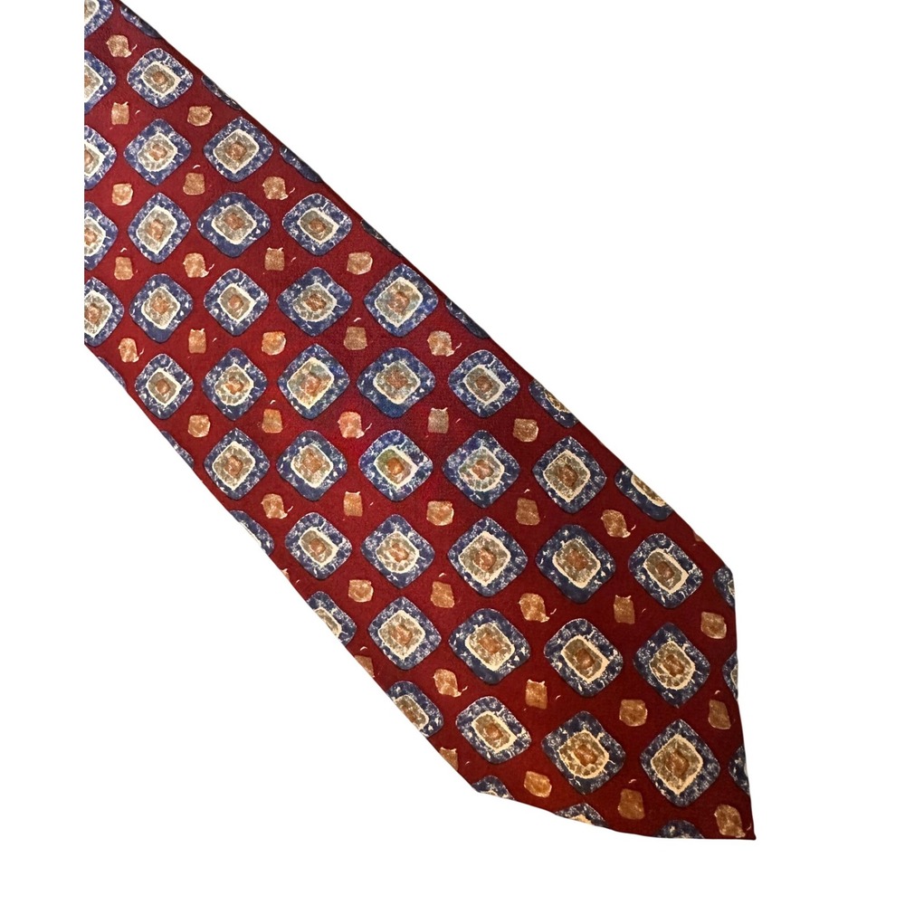 Bill Blass Mens Silk Tie Burgundy Blue Gold Square Mosaic Print Vintage 80s